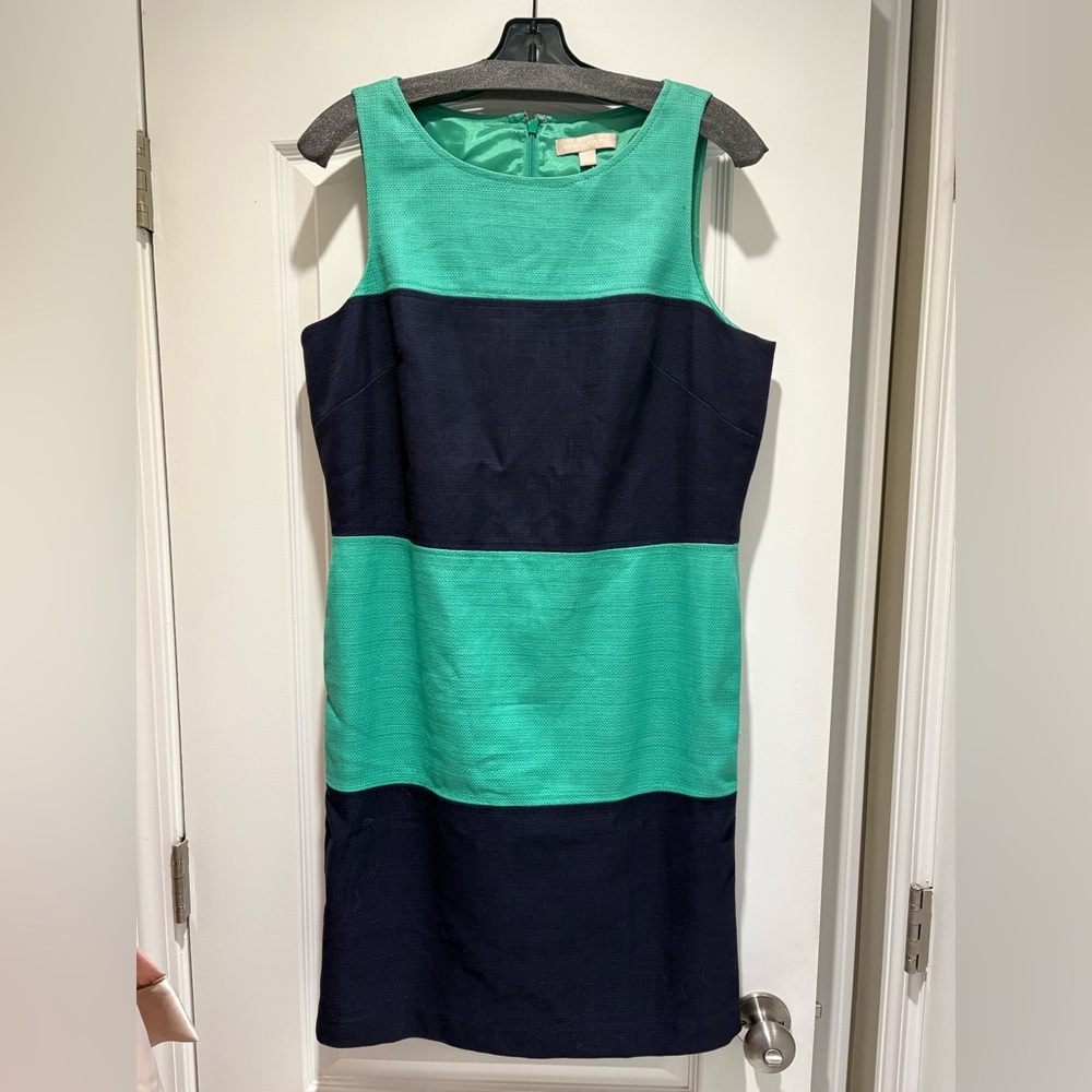 Banana Republic Lined Linen Teal and Navy Colorblock Midi Dress